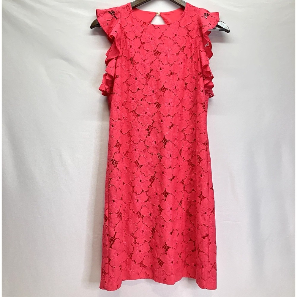 Trina Turk Womens Hot Pink Floral Lace Flutter Slv Knee‎ Length Dress Size S